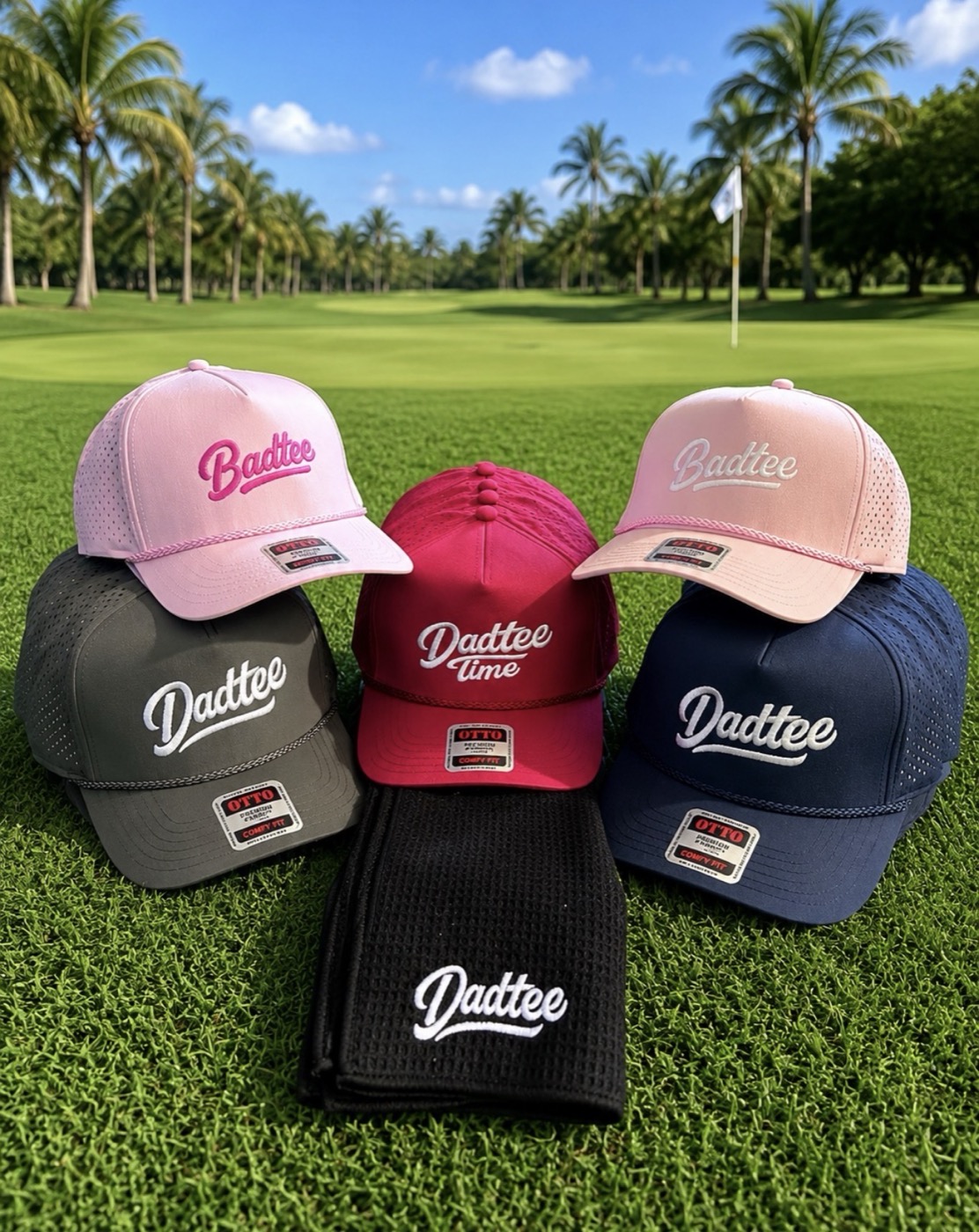 Dadtee and Badtee trucker caps and a golf towel in matching colorways