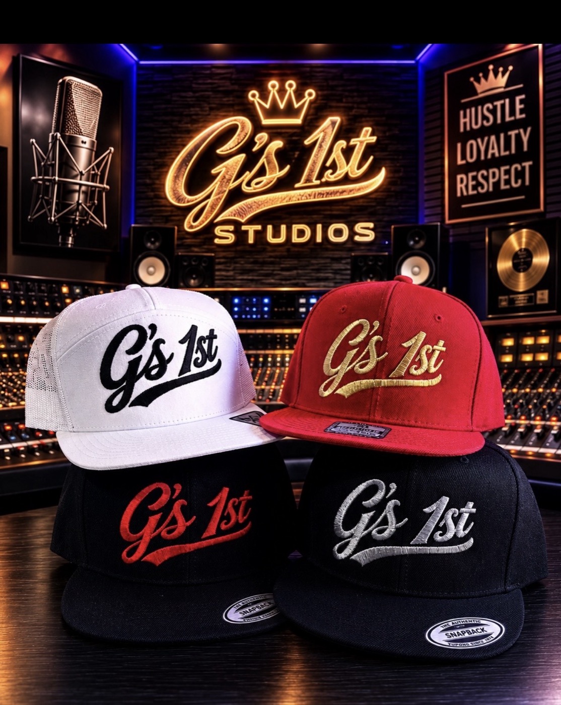 White, red and black snapbacks with the G's 1st Studios script logo